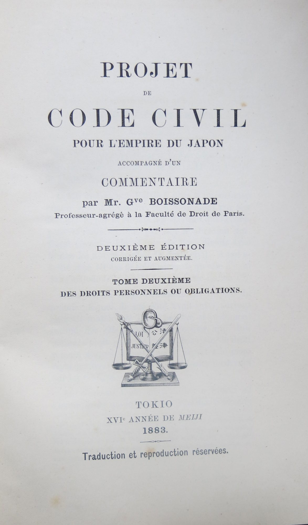 Projet de code civil pour l’empire du Japon, accompagné d’un commentaire. 2e éd. corrigée et augmentée