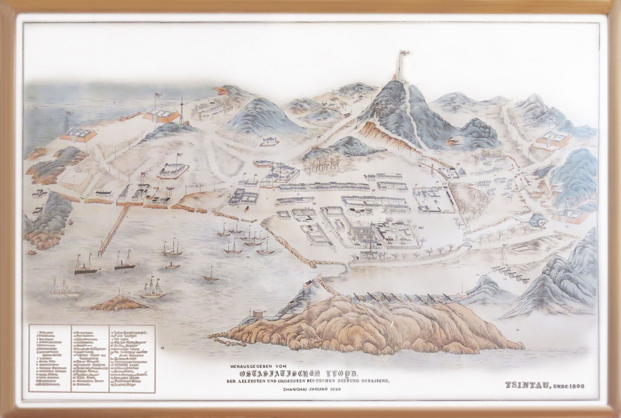 Tsintau 青岛 Ende 1898. Herausgegeben vom ostasiatischen Llyod, der ältesten und grössten deutschen Zeitung Östasien. Shanghai, Januar 1899. 93 x 139 cm. Framed