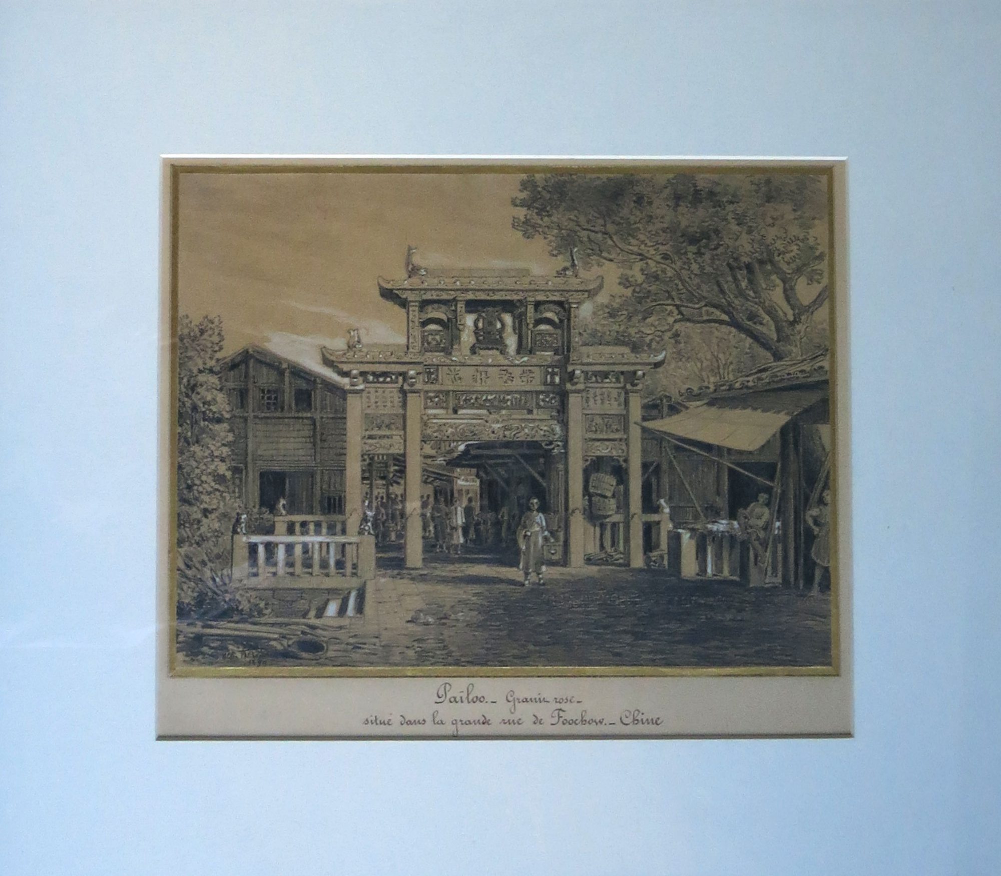 Païloo, granit rose, situé dans la grande rue de Footchow, Chine.	Crayon et rehauts de gouache blanche. 40 x 31 cm. Signé en bas à gauche : alb Tissandier 1890